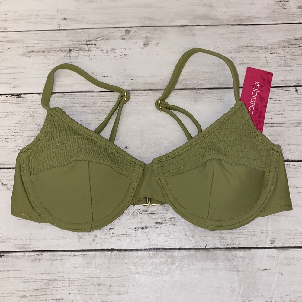 Xhilaration‎ Bikini Top Womens XS Green Solid Smocked Padded Swim Bra NEW XS